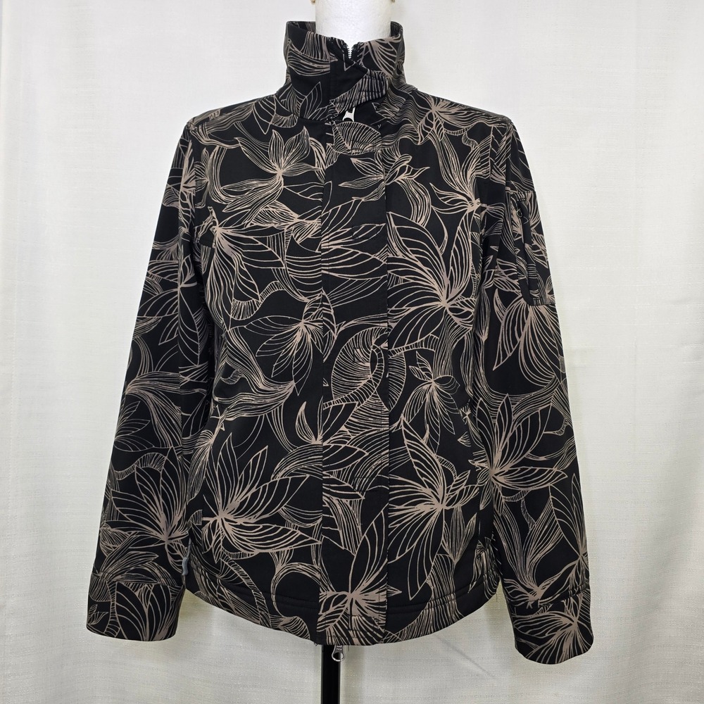 Athleta Odyssey Leaf Print Jacket Size Small Black Tan Magnetic Buttons Zip